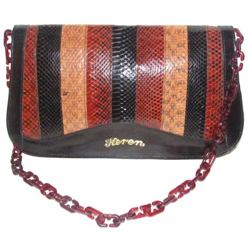 Keren Snakeskin Patchwork Saddle Bag w Lucite Chain Strap